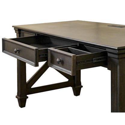 Traditional Wood Writing Desk, 3 Drawers, Power Center, Dark Brown