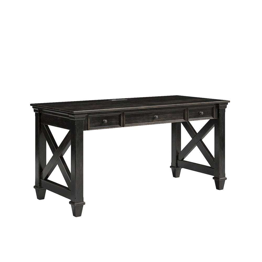 Traditional Wood Writing Desk, 3 Drawers, Power Center, Dark Brown
