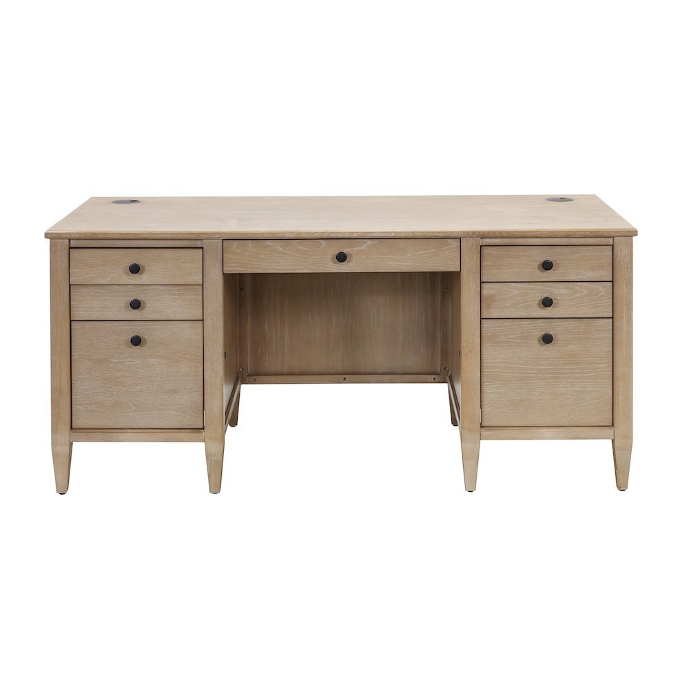 Wood Double Pedestal Desk, 7 Drawers, 2 Locking Files, Brown