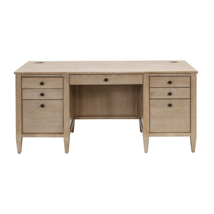 Wood Double Pedestal Desk, 7 Drawers, 2 Locking Files, Brown