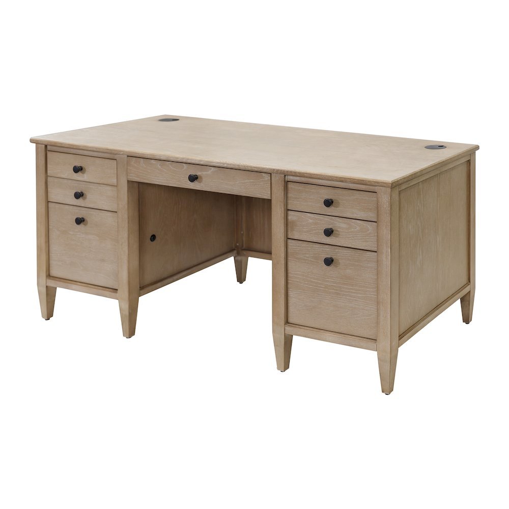 Wood Double Pedestal Desk, 7 Drawers, 2 Locking Files, Brown