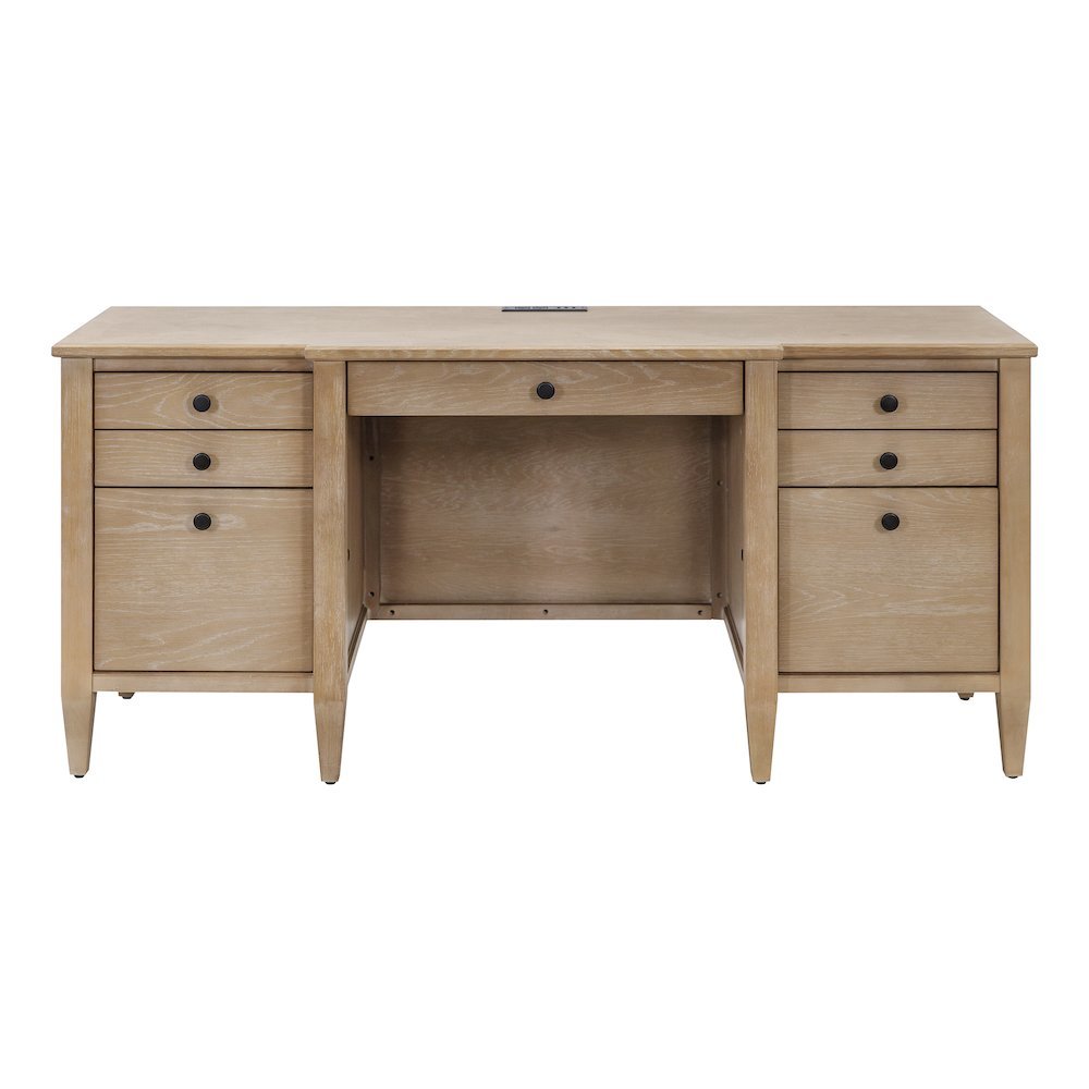 Wood Credenza Desk, 7 Drawers, 2 Locking Files, Power Center, Brown