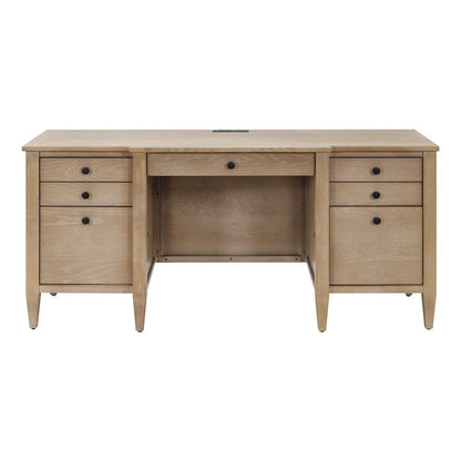 Wood Credenza Desk, 7 Drawers, 2 Locking Files, Power Center, Brown
