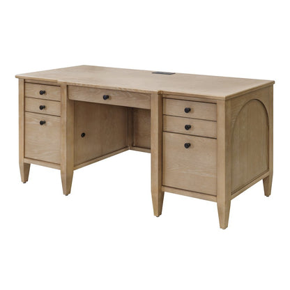 Wood Credenza Desk, 7 Drawers, 2 Locking Files, Power Center, Brown