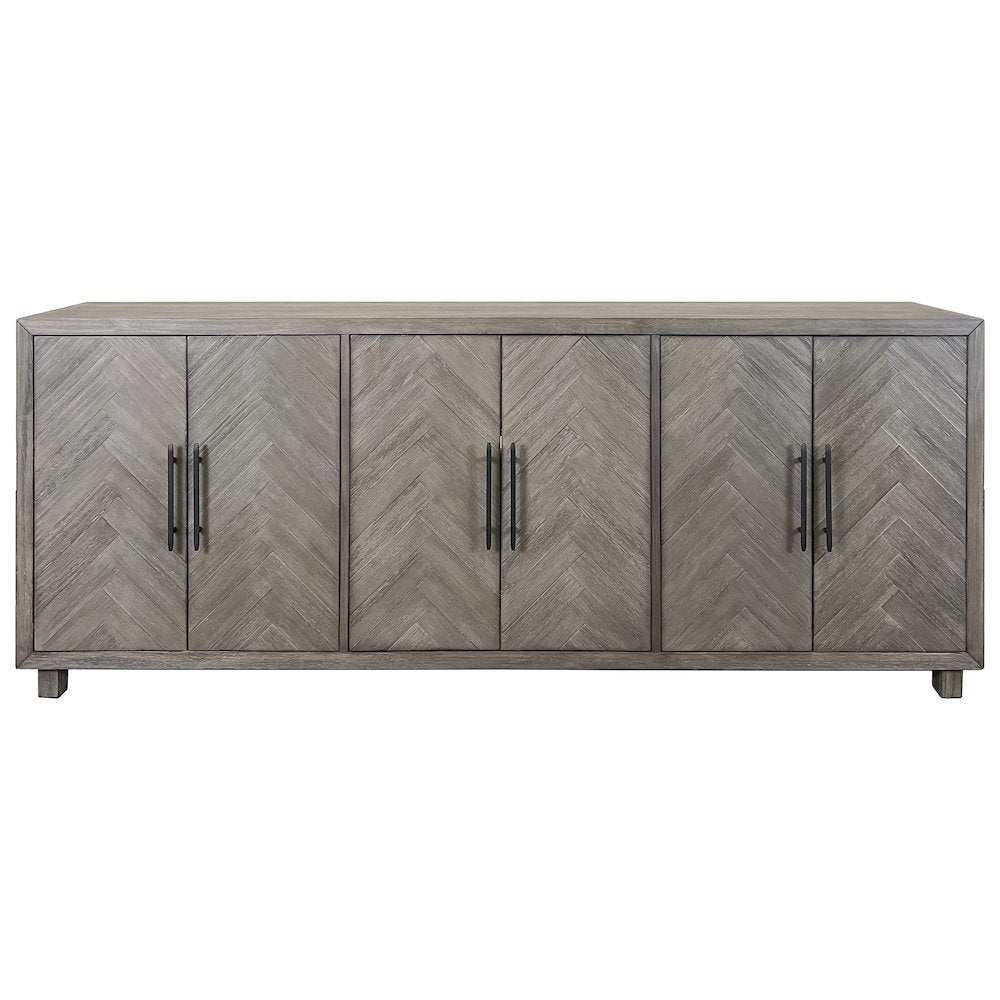 90 Inch Six Door Console, Distressed Gray, Herringbone, 3 Shelves