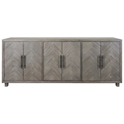 90 Inch Six Door Console, Distressed Gray, Herringbone, 3 Shelves