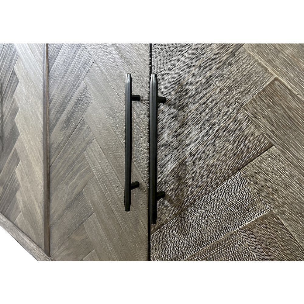 90 Inch Six Door Console, Distressed Gray, Herringbone, 3 Shelves