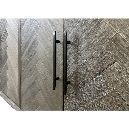 90 Inch Six Door Console, Distressed Gray, Herringbone, 3 Shelves