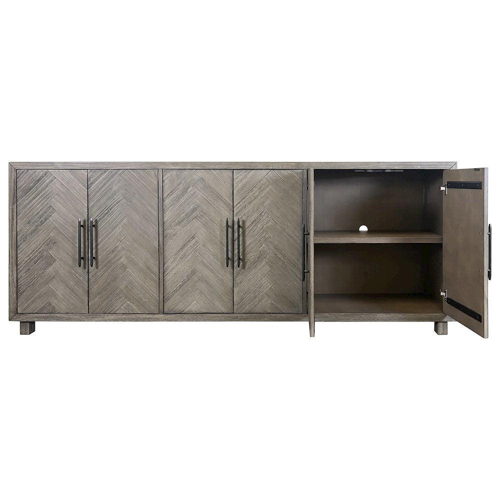 90 Inch Six Door Console, Distressed Gray, Herringbone, 3 Shelves
