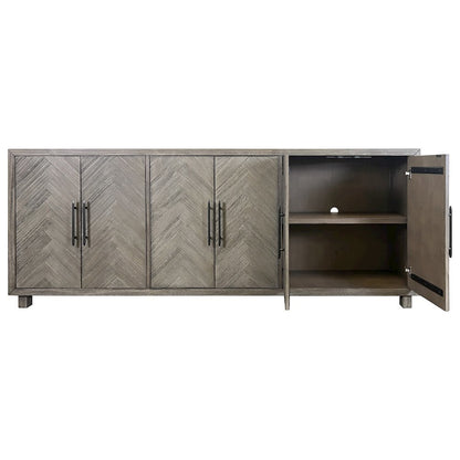 90 Inch Six Door Console, Distressed Gray, Herringbone, 3 Shelves