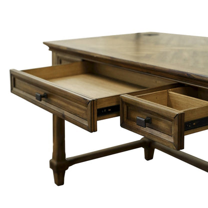 Traditional Wood Writing Desk, 3 Drawers, Power Center, Brown