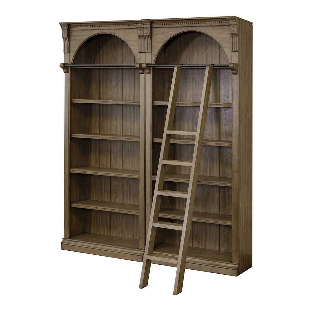 8 Foot Bookcase Wall, Ladder, Adjustable Shelves, Brown