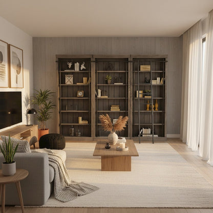 8-Foot Tall Bookcase Wall & Ladder, 5 Adjustable Shelves, Gray