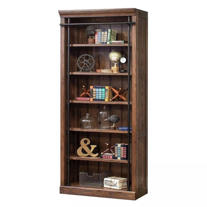 8-Foot Tall Wood Bookcase with 5 Adjustable Shelves, Steel Frame, Brown