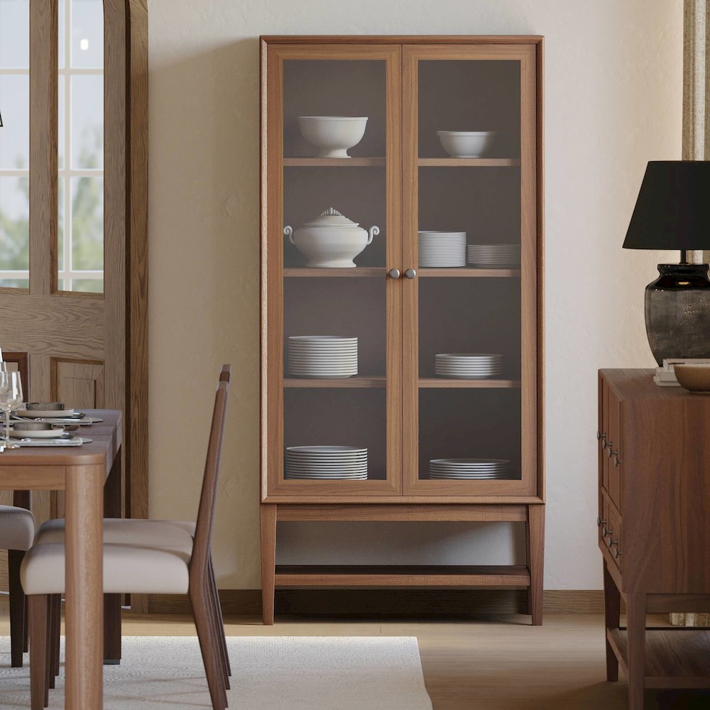 Mid-Century Modern Wood Dining Display Cabinet, Kitchen Storage, Bookcase, Brown