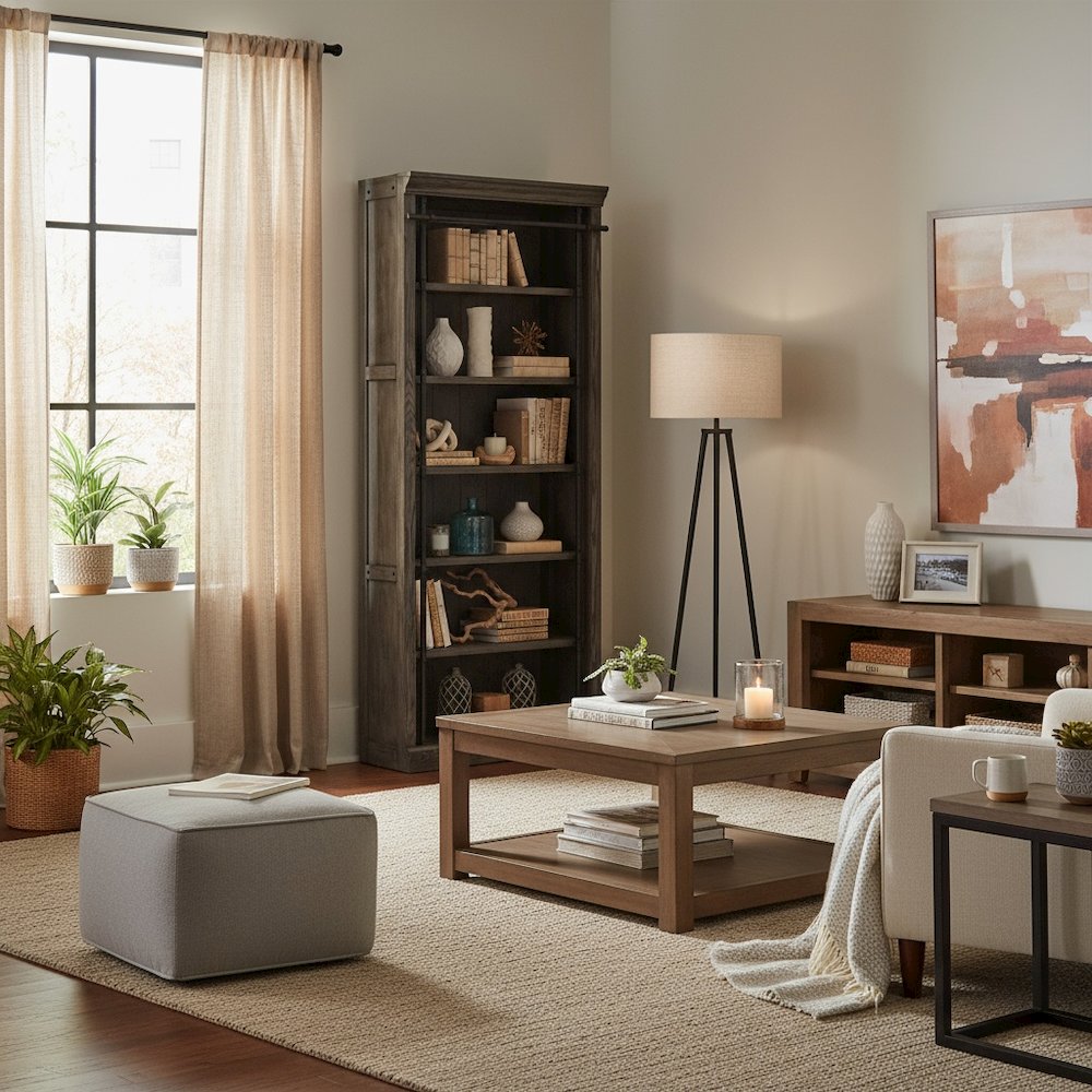 8-Foot Tall Wood Bookcase, 5 Adjustable Shelves, Ringed Steel Frame, Gray Wood