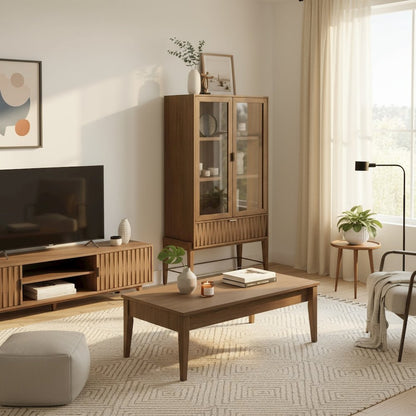 Glass Door Bookcase with Storage Drawer and Adjustable Shelves, Brown Finish