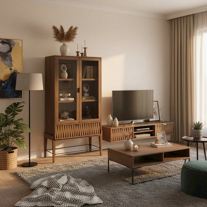 Glass Door Bookcase with Storage Drawer and Adjustable Shelves, Brown Finish