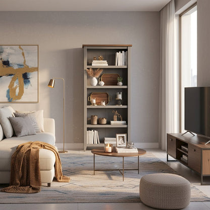 Farmhouse Open Wood Bookcase, 3 Adjustable Shelves, 1 Fixed Shelf, Blue