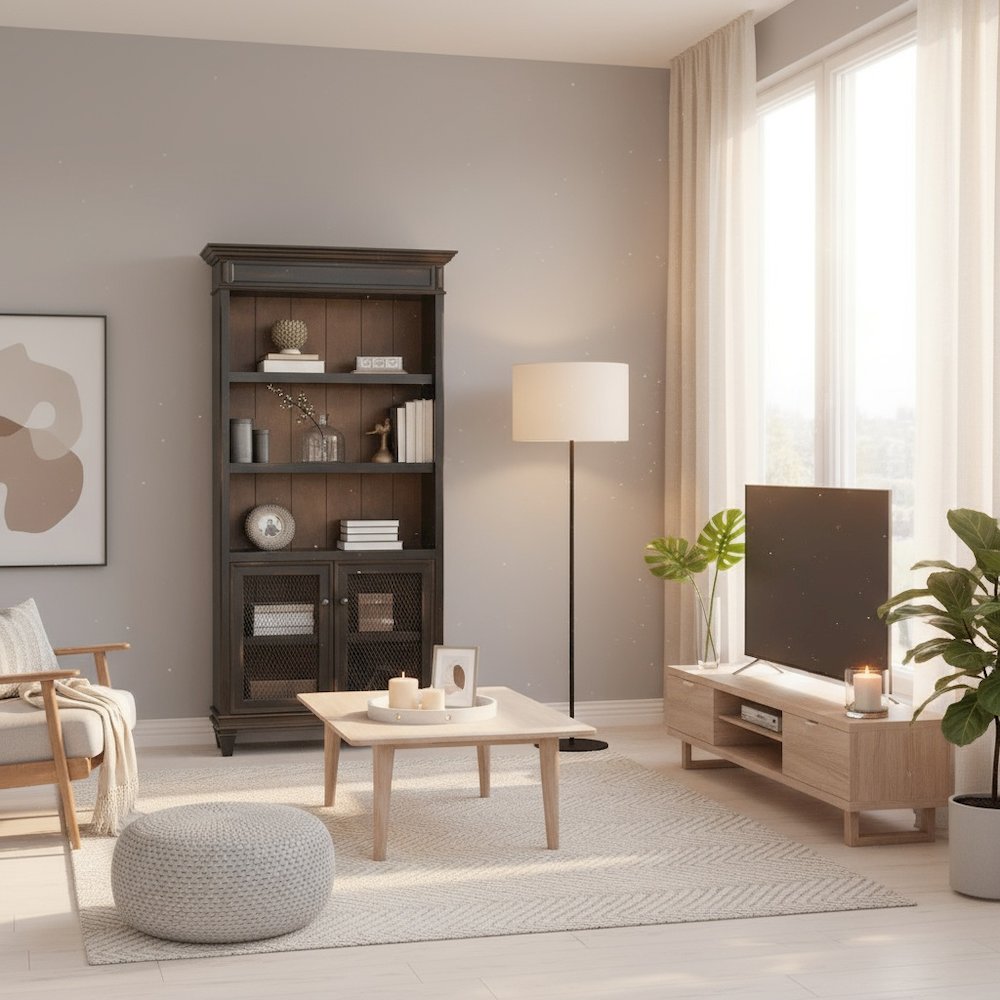 Wood Bookcase With Doors, 3 Adjustable Shelves, Fixed Shelf, Black
