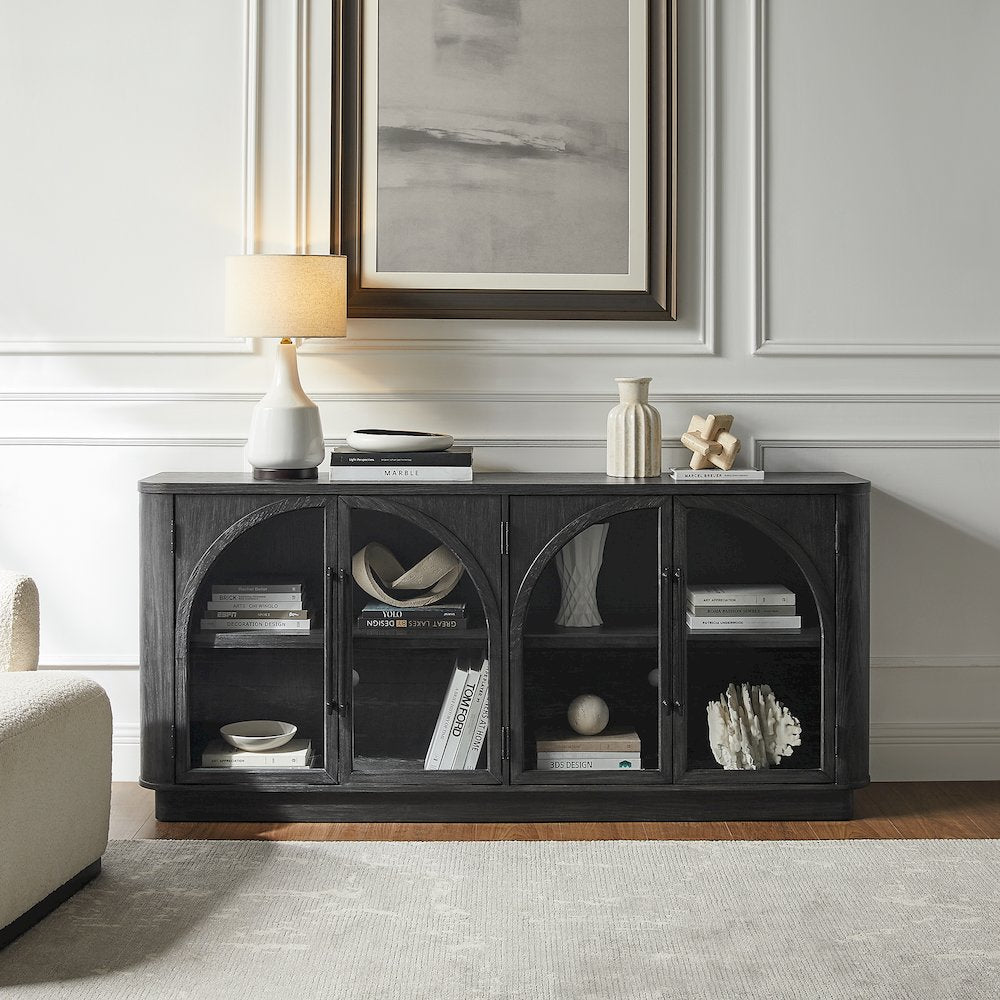 Wood 70" Console with glass doors, TV Stand, Accent Cabinet, Black