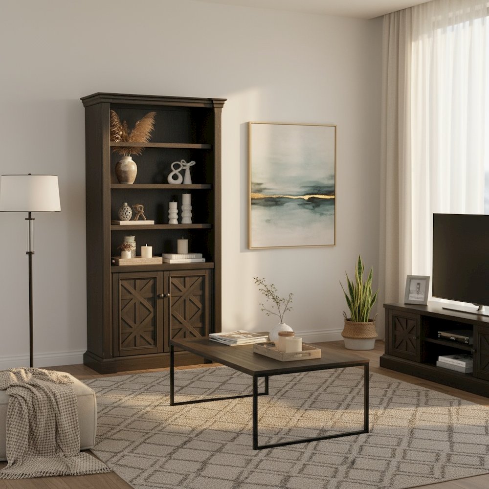 Wood Bookcase With Doors, Fully Assembled, 3 Adjustable Shelves, Brown Finish
