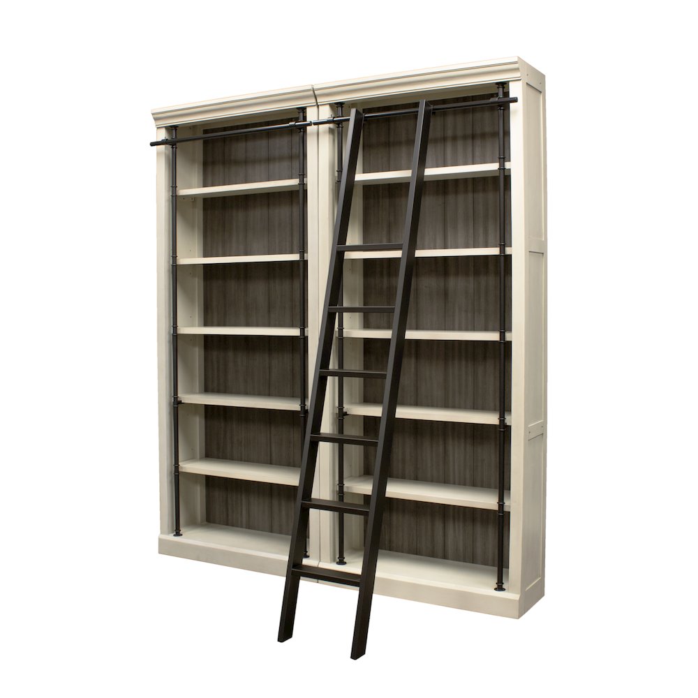 8' Tall Bookcase Wall With Ladder, Storage Organizer, Aged Chateau White
