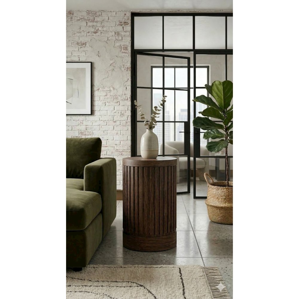 Modern round pedestal table, side table, cocktail stand, fully assembled, brown