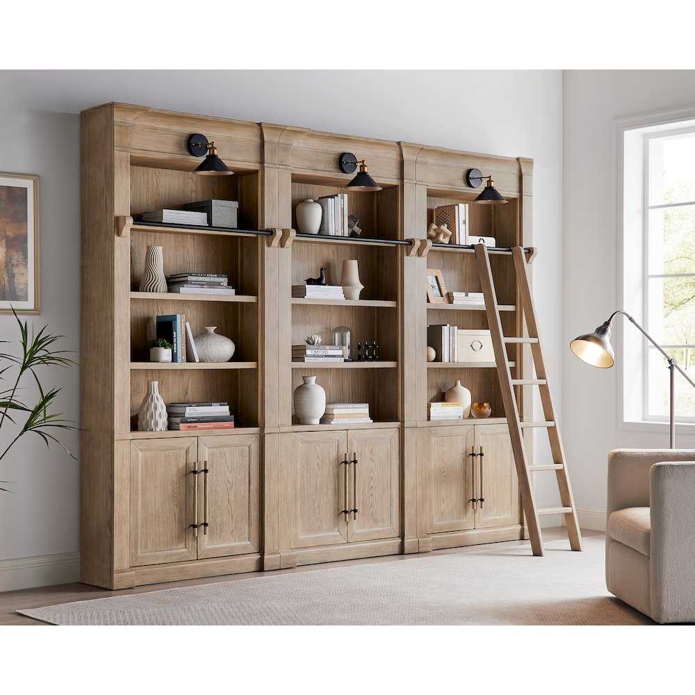 Three 8' Tall Bookcase Wall With Ladder, Storage Organizer, Display Shelf, Brown