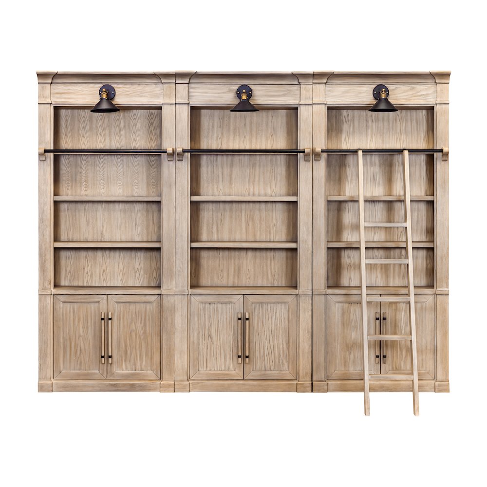 Three 8' Tall Bookcase Wall With Ladder, Storage Organizer, Display Shelf, Brown