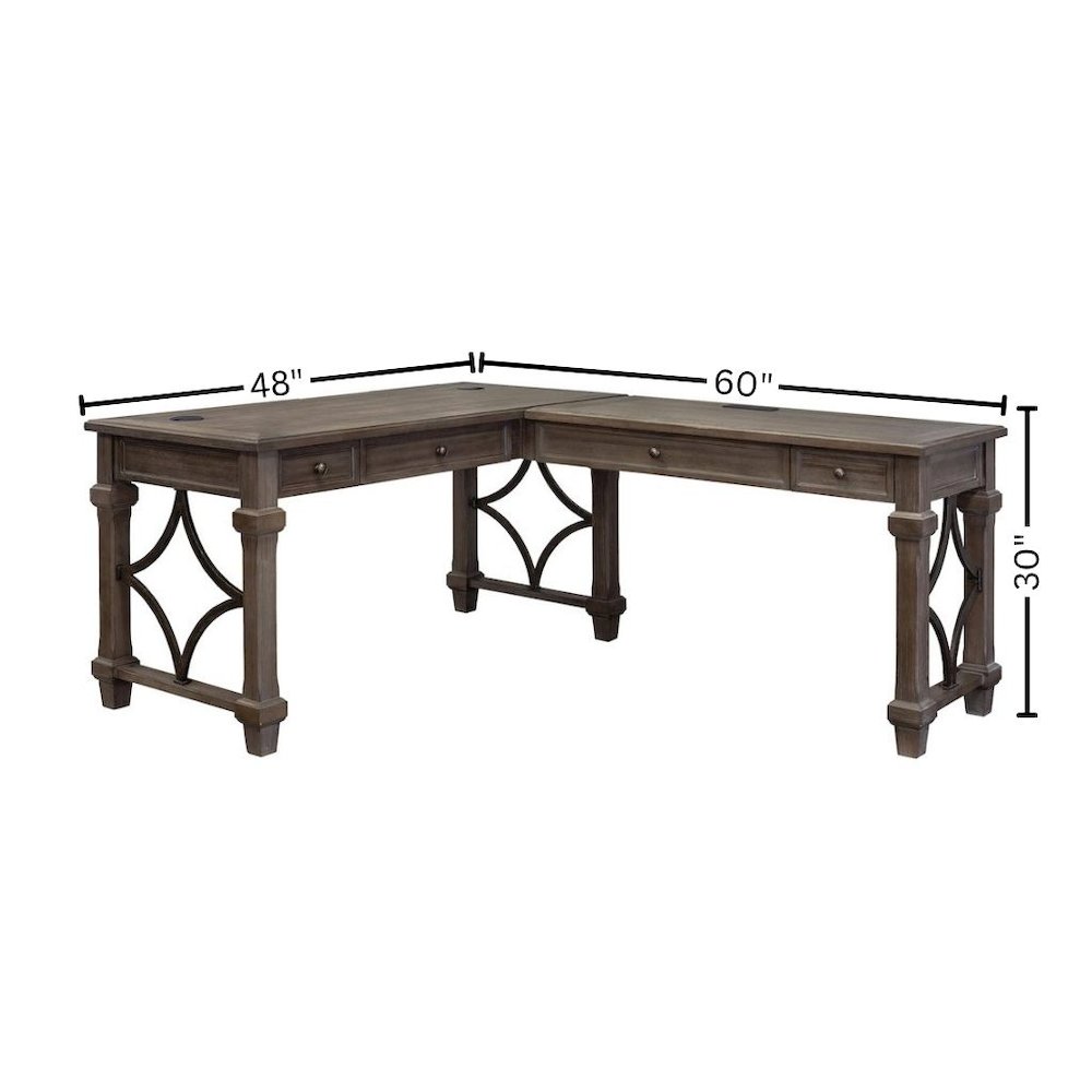 Wood Open L-Desk & Return, 2 Drawers, Center Pencil Drawer, Gray