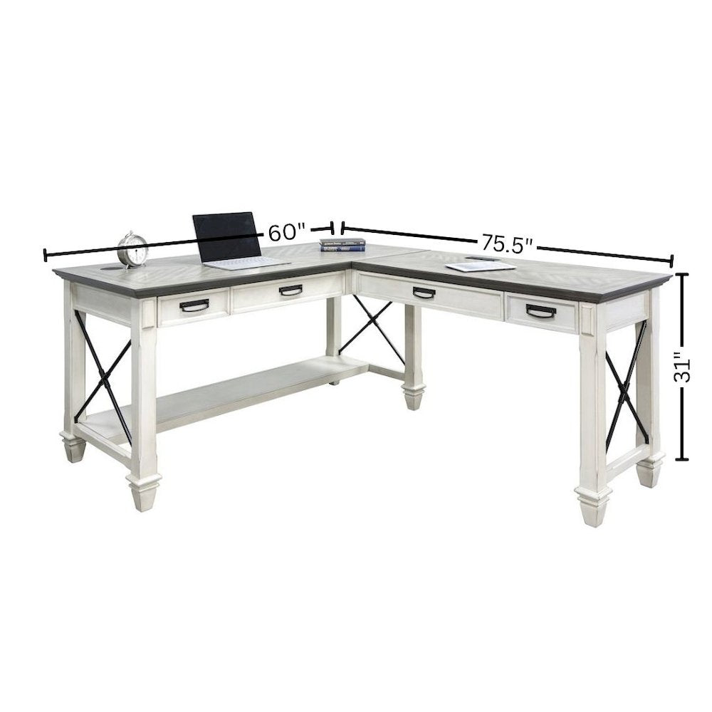 Wood Open L-Desk and Return, 4 Drawers, Power Center, White