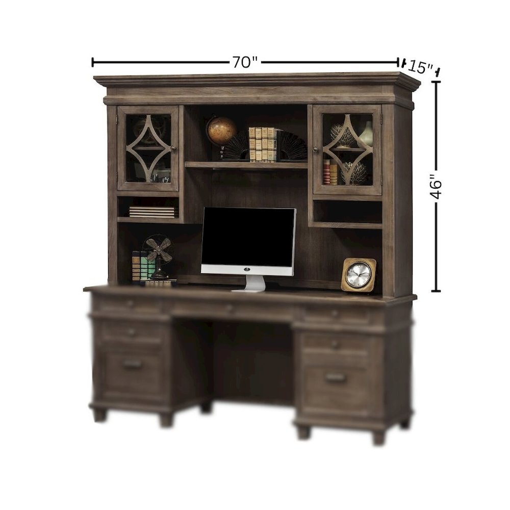 Wood Hutch with Glass Doors, 3 Adjustable Shelves, 2 Open Compartments, Gray