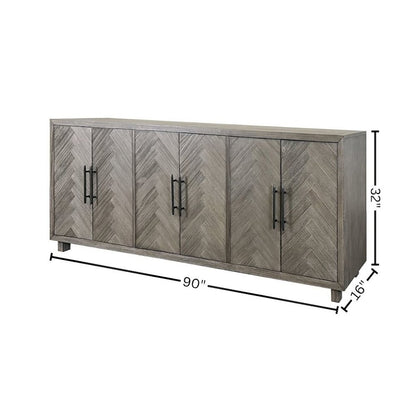 90 Inch Six Door Console, Distressed Gray, Herringbone, 3 Shelves