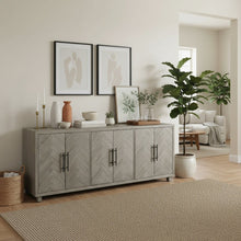 90 Inch Six Door Console, Distressed Gray, Herringbone, 3 Shelves
