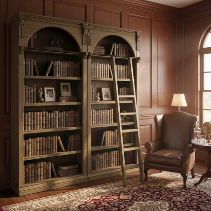 8 Foot Bookcase Wall, Ladder, Adjustable Shelves, Brown