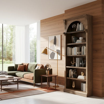 8-Foot Tall Wood Bookcase, 4 Adjustable, 1 Fixed Shelf, Beadboard Back, Brown