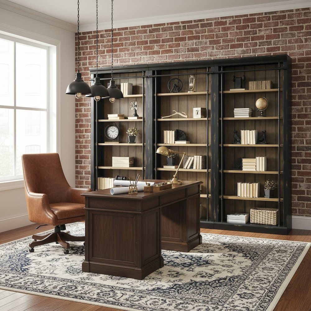 8-Foot Tall 3-Bookcase Wall with Ladder, 12 Adjustable, 3 Fixed Shelves, Black