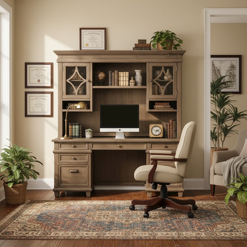 Wood Hutch with Glass Doors, 3 Adjustable Shelves, 2 Open Compartments, Gray