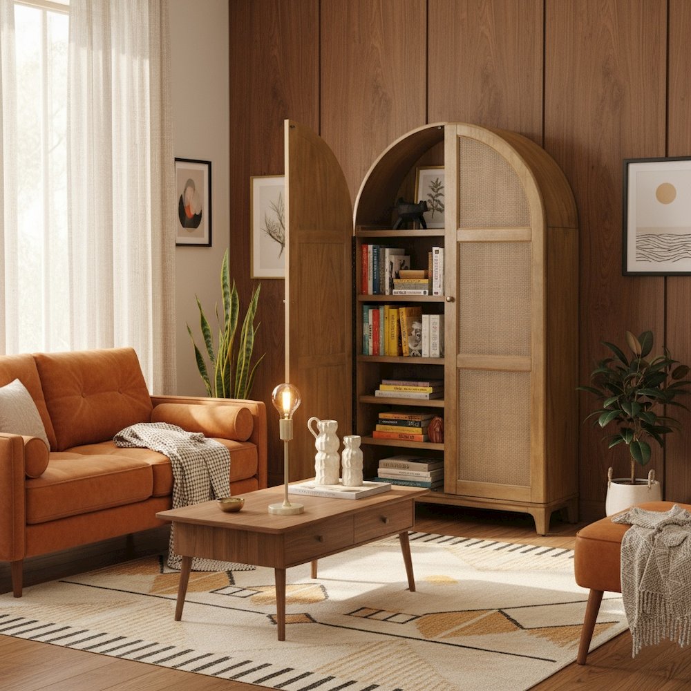 Coastal Arch Bar Cabinet, Fully Assembled, 2 Doors, Wine Storage, Brown