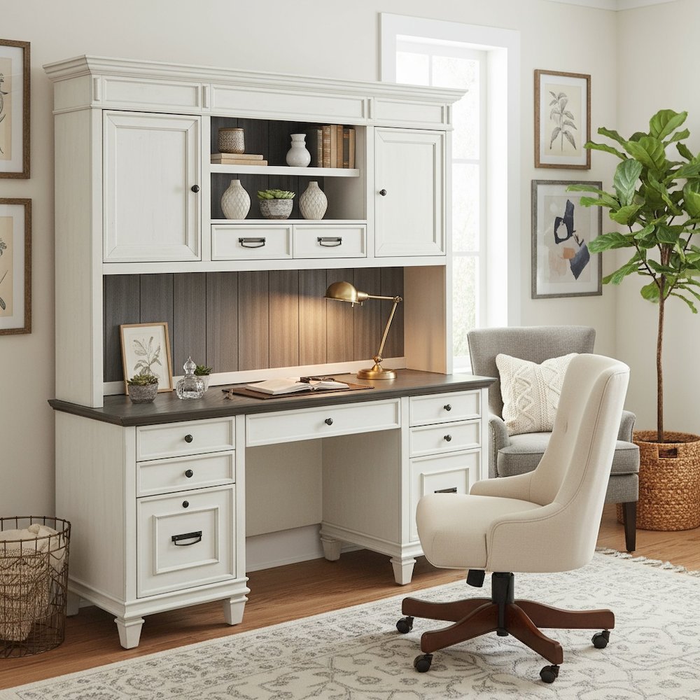 Wood Hutch with Wire Mesh Doors, 2 Utility Drawers, 1 Shelf, White Finish