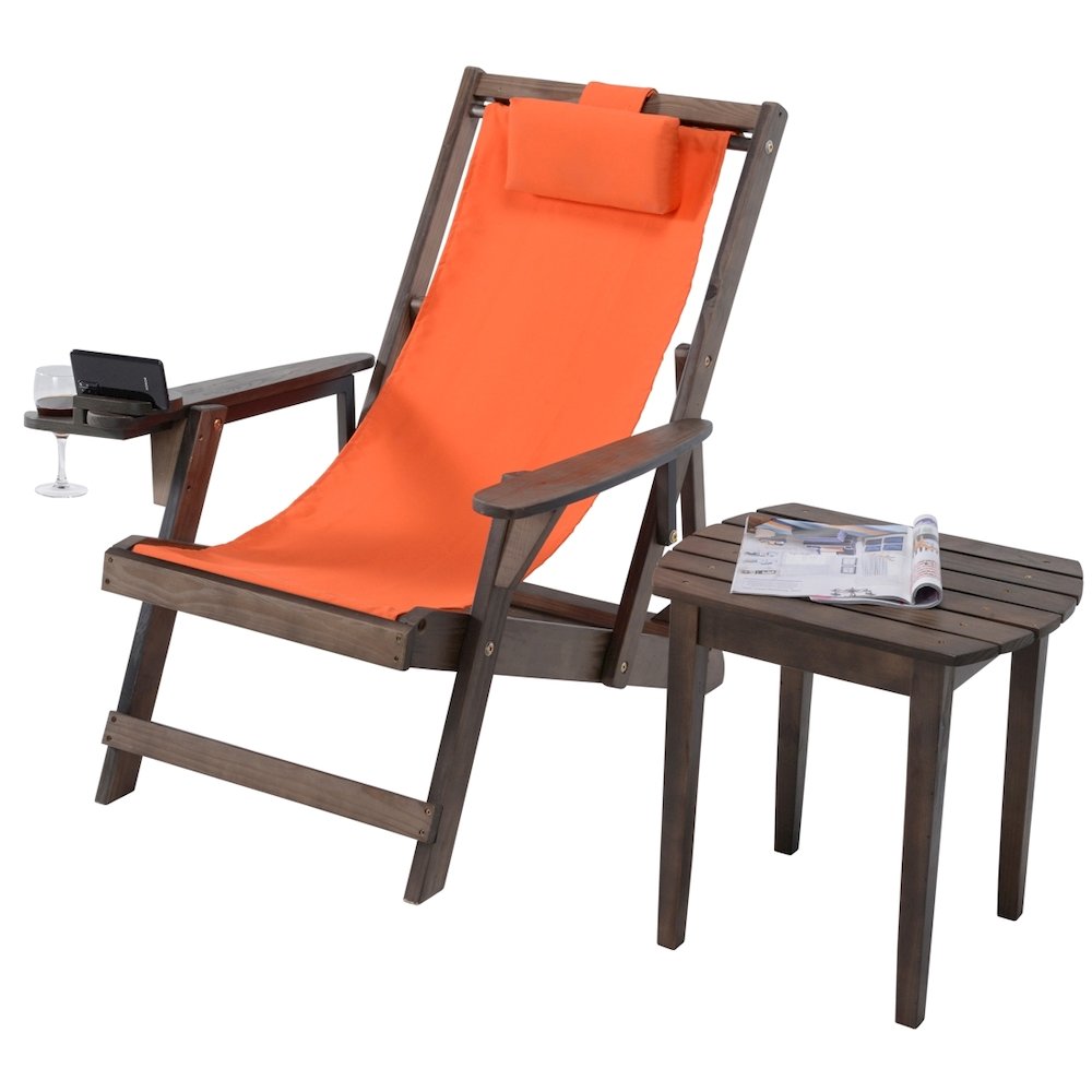 Canvas Sling Chair With Cup And Wine Holder And End Table