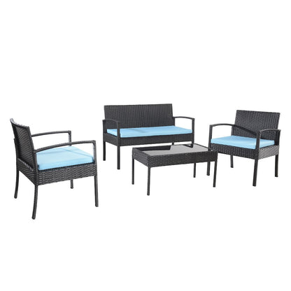 Conversation Set. Black Wicker Blue Fabric