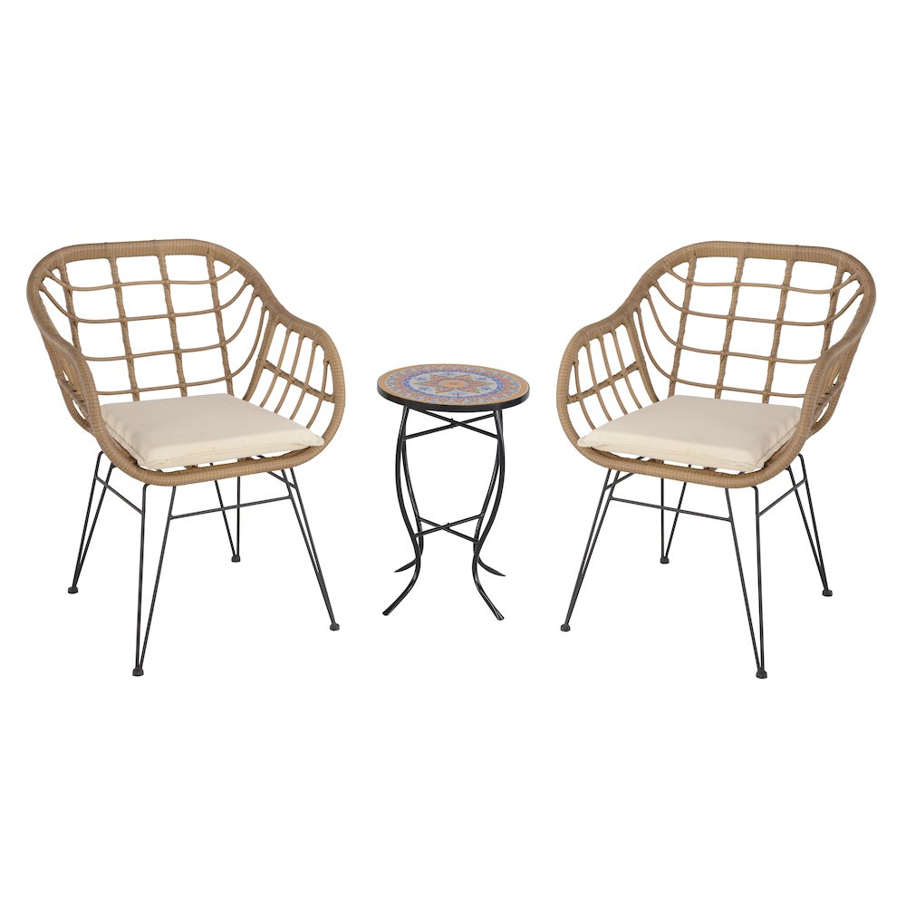 Faux Rattan Basket Chair Set With Mosiac Accent Table
