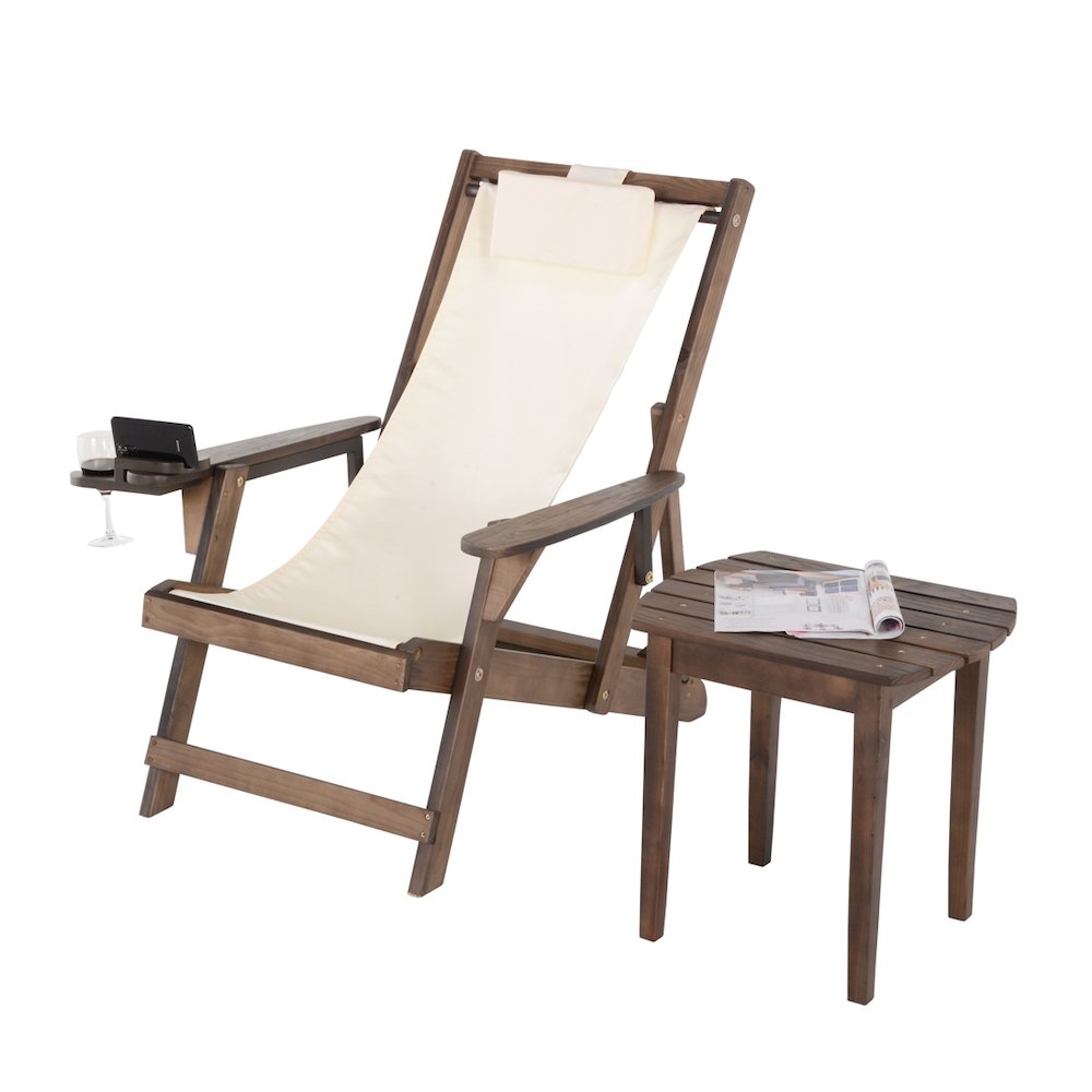 Canvas Sling Chair With Cup And Wine Holder And End Table