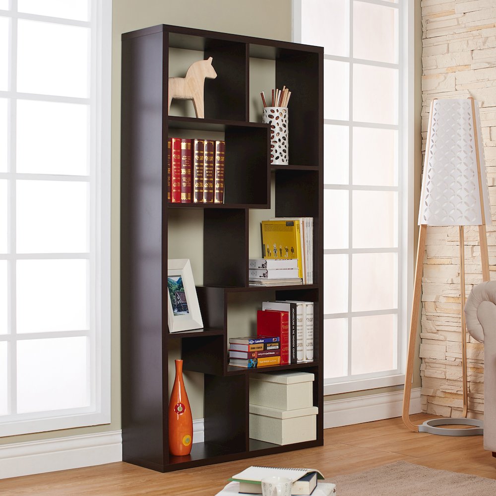 Adeo Contemporary Wood 10-Shelf Bookcase in Walnut