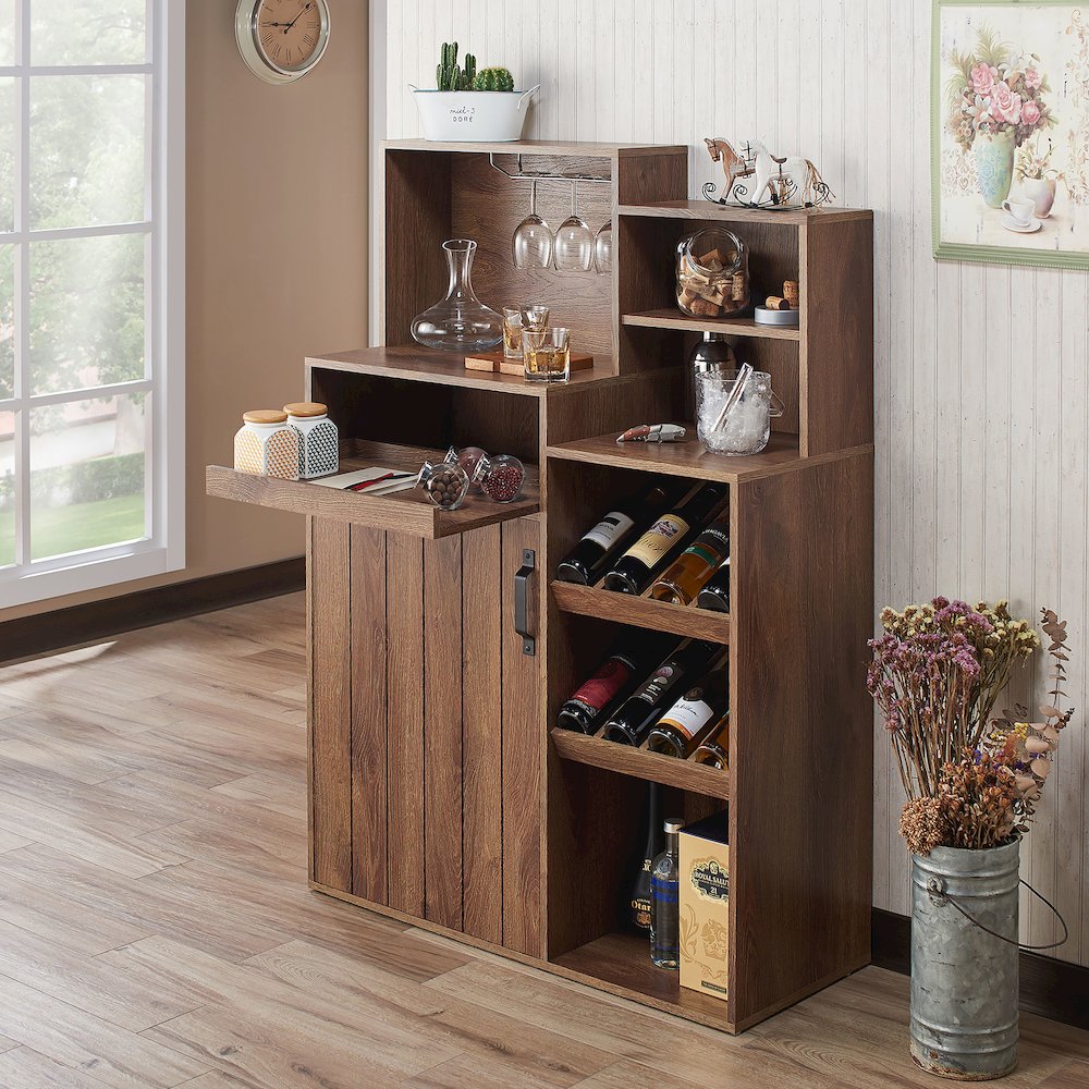 Dillan Wood Multi-Storage Bar Cabinet in Distressed Walnut