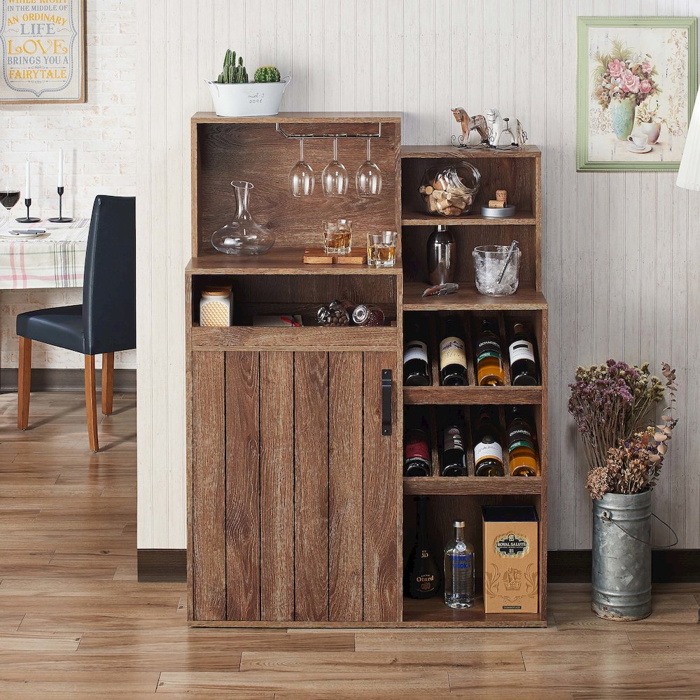 Dillan Wood Multi-Storage Bar Cabinet in Distressed Walnut