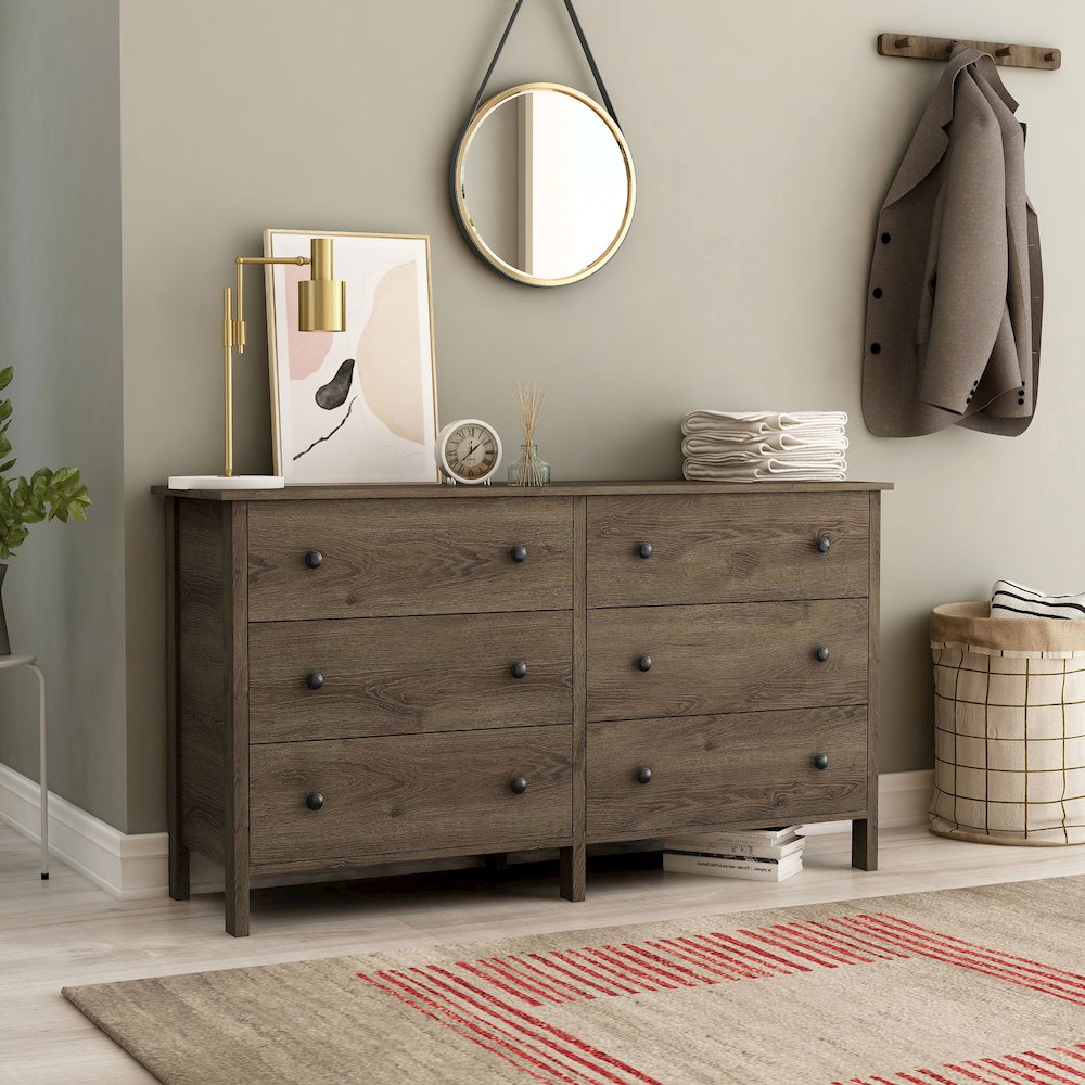 Reyes Rustic Wood 6-Drawer Dresser in Distressed Walnut