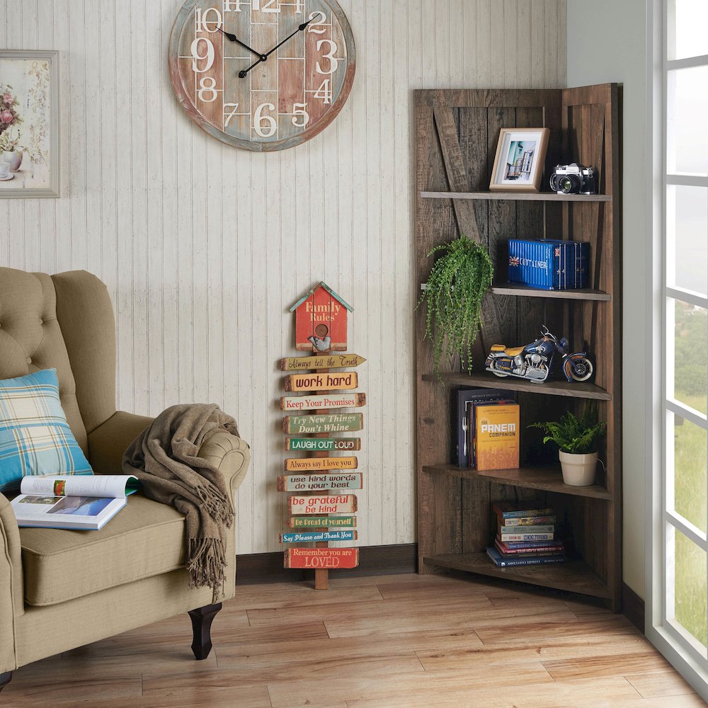 Terry Rustic Wood 5-Tier Corner Bookcase in Reclaimed Oak